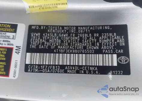 2011 Toyota Camry Le from USA, damaged, VIN 4T1BF3EK8BU765502